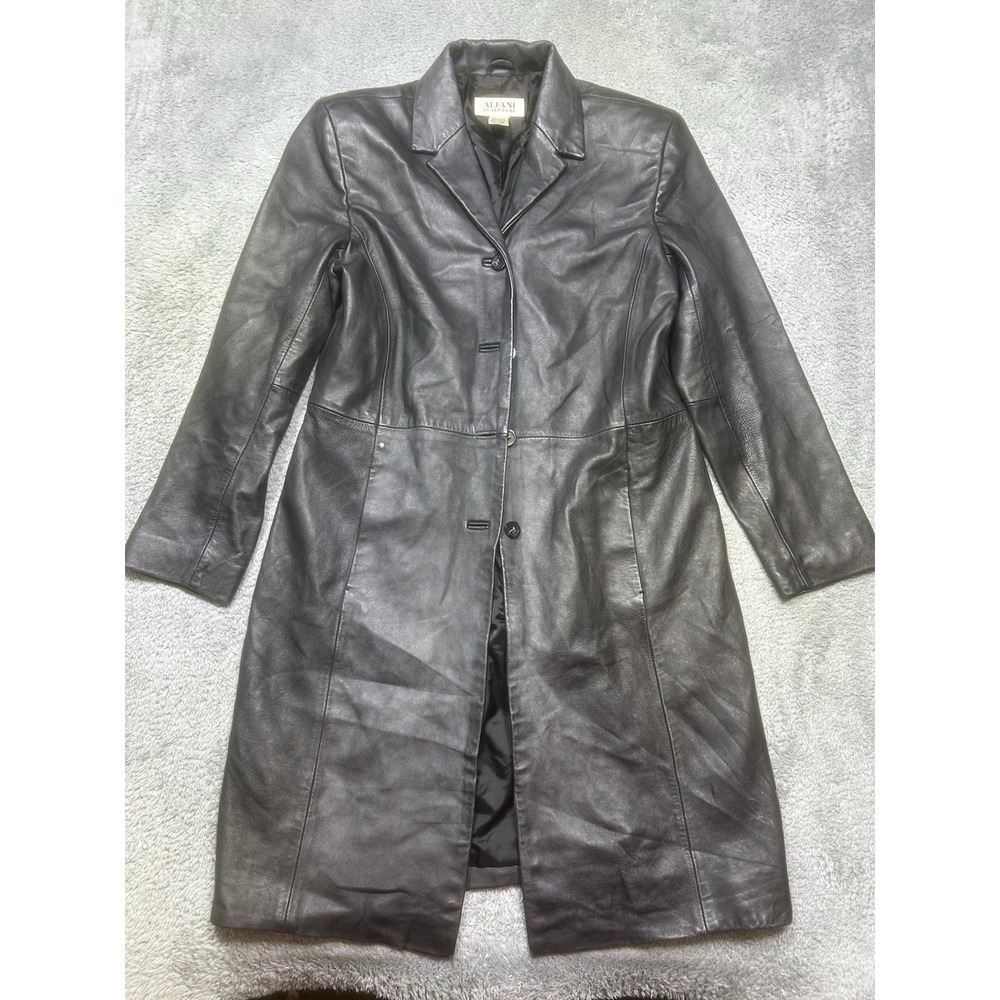 Vintage Alfani Trench‎ Coat Women M Black Lined Leather Jacket Buttons *SPOTS